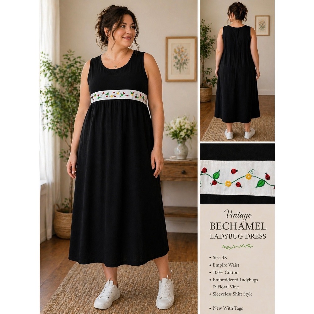 Vintage Bechamel Maxi Dress Women's 3X Black Ladybug Embroidered Cottagecore